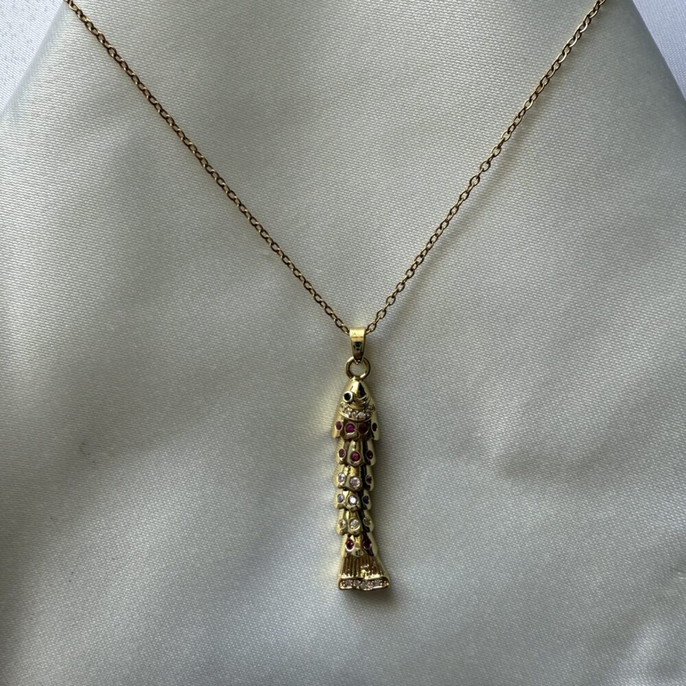 Altın Rengi Çelik Renkli Taşlı Balık Figürlü Kolye