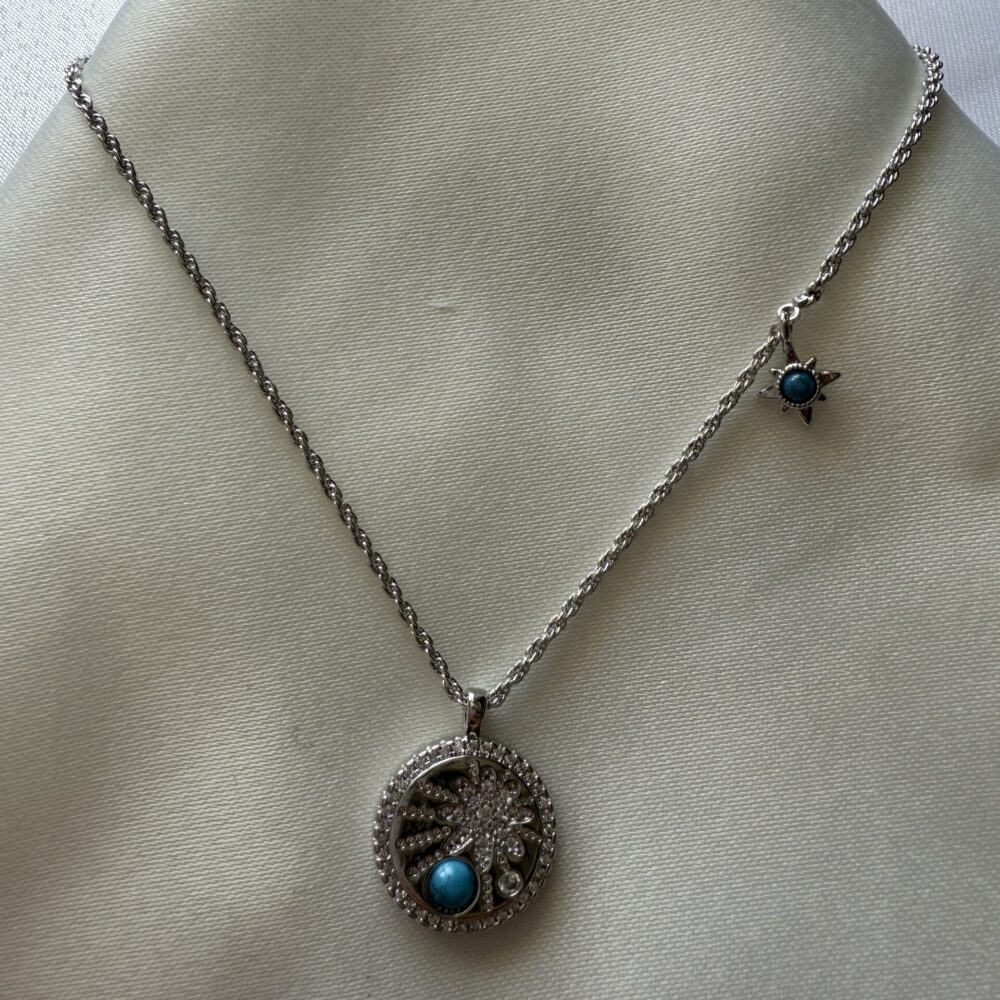 Gümüş Rengi Çelik Turkuaz Taşlı Yuvarlak Kolye